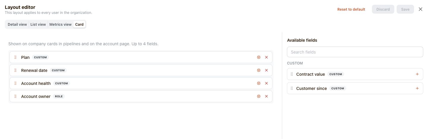 The company layout editor Card tab with Plan, Renewal date, Account health, and Account owner fields