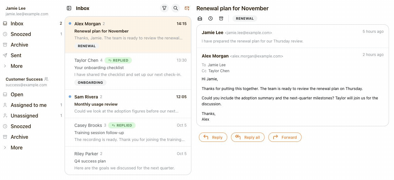 Inbox animation showing unread conversations, a Replied badge, and conversation row actions to mark a thread unread
