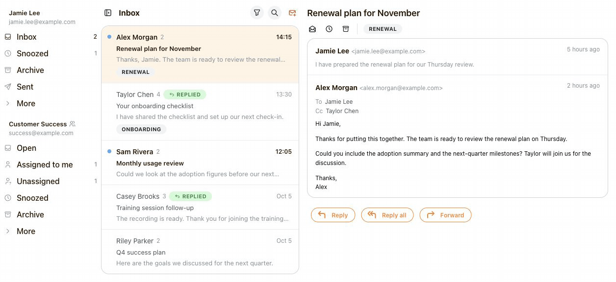 Inbox animation snoozing Alex Morgan's renewal conversation until October 7 at 09:00, then opening the Snoozed folder