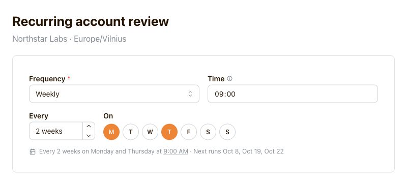 A recurring Cust schedule set to every two weeks on Monday and Thursday at 09:00 in Europe/Vilnius