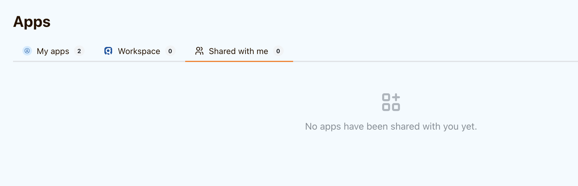 The Shared with me tab in Apps, showing its empty state before apps are shared