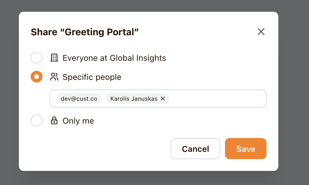 The app sharing dialog with Specific people selected and teammates added