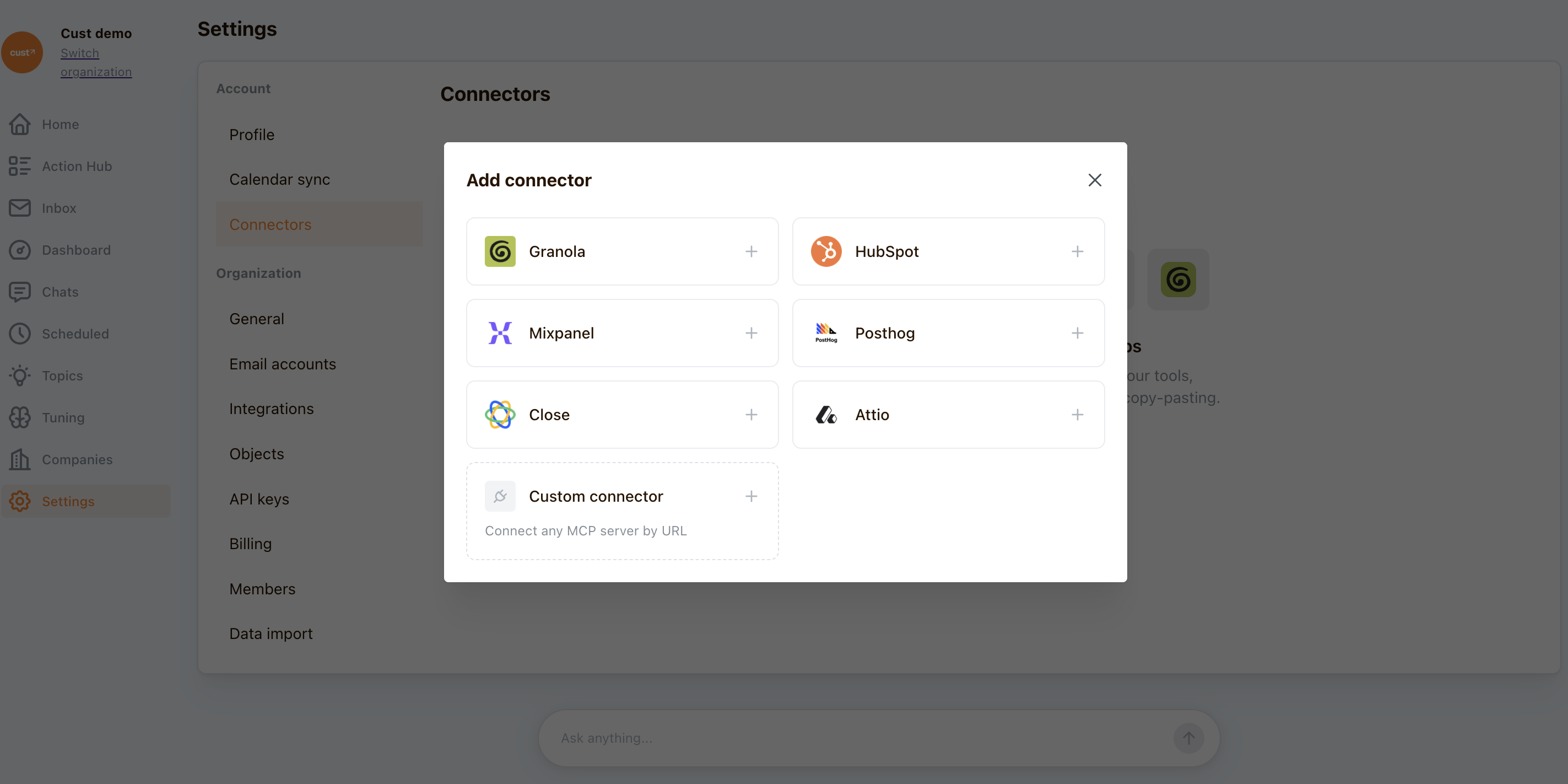 Connectors settings page with installed integrations and Add connector button