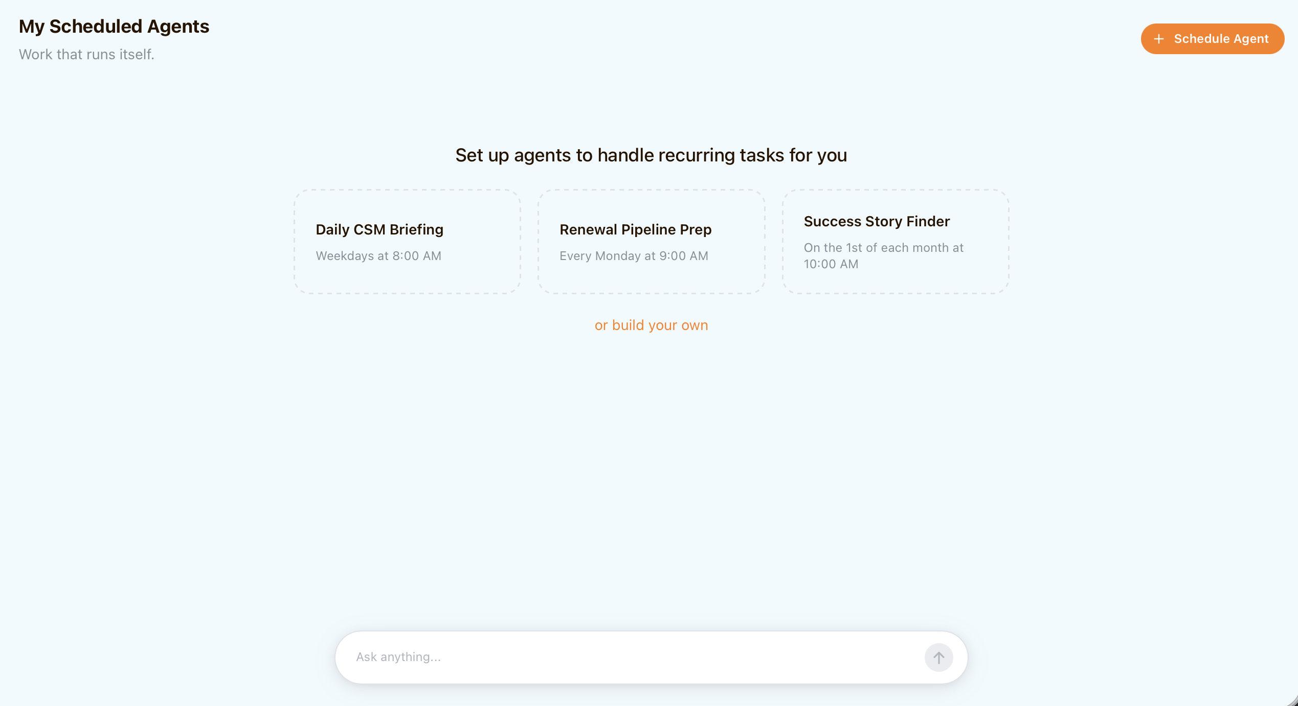 My Scheduled Agents page with example agents