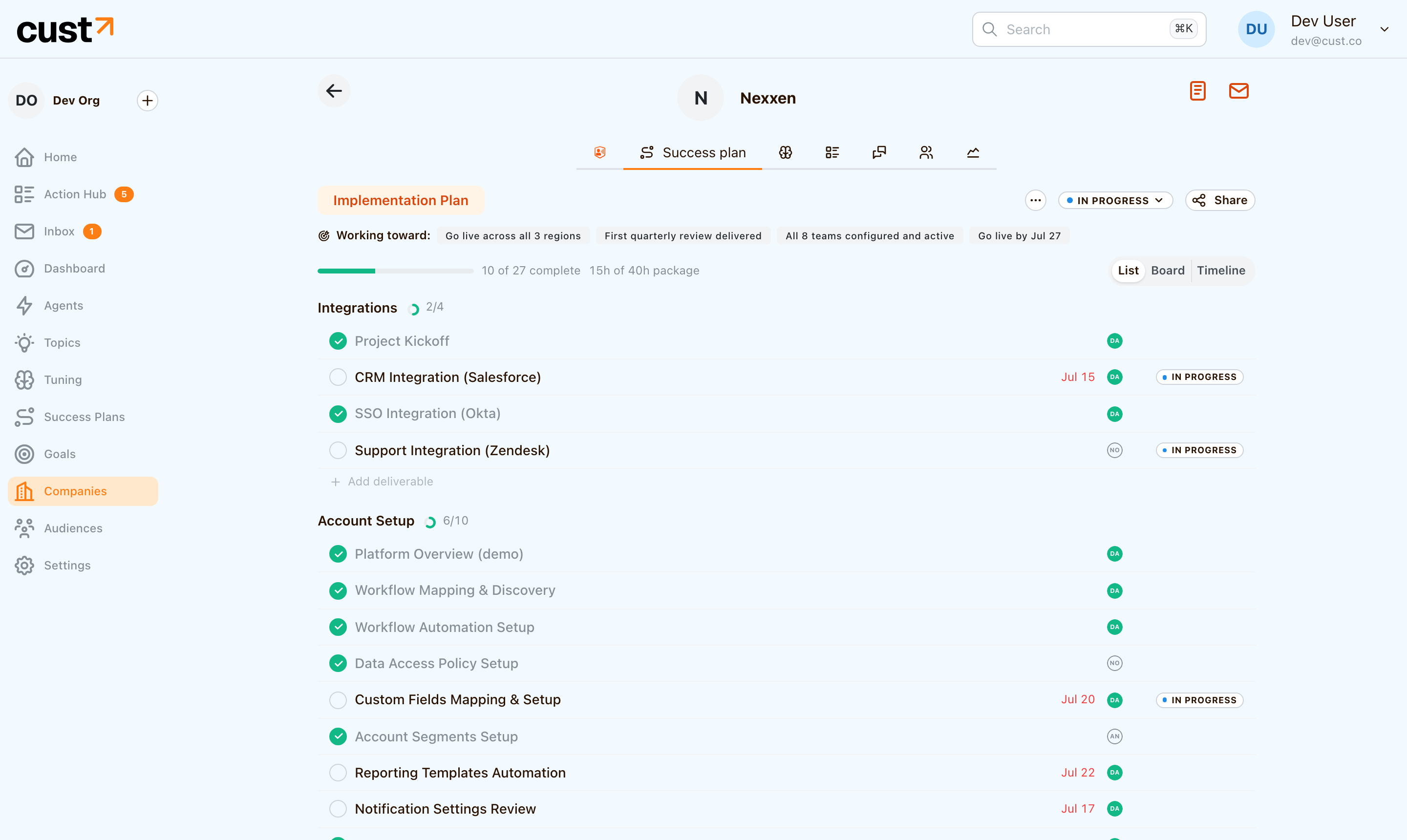 Success plan with milestones, goals, progress, and hours