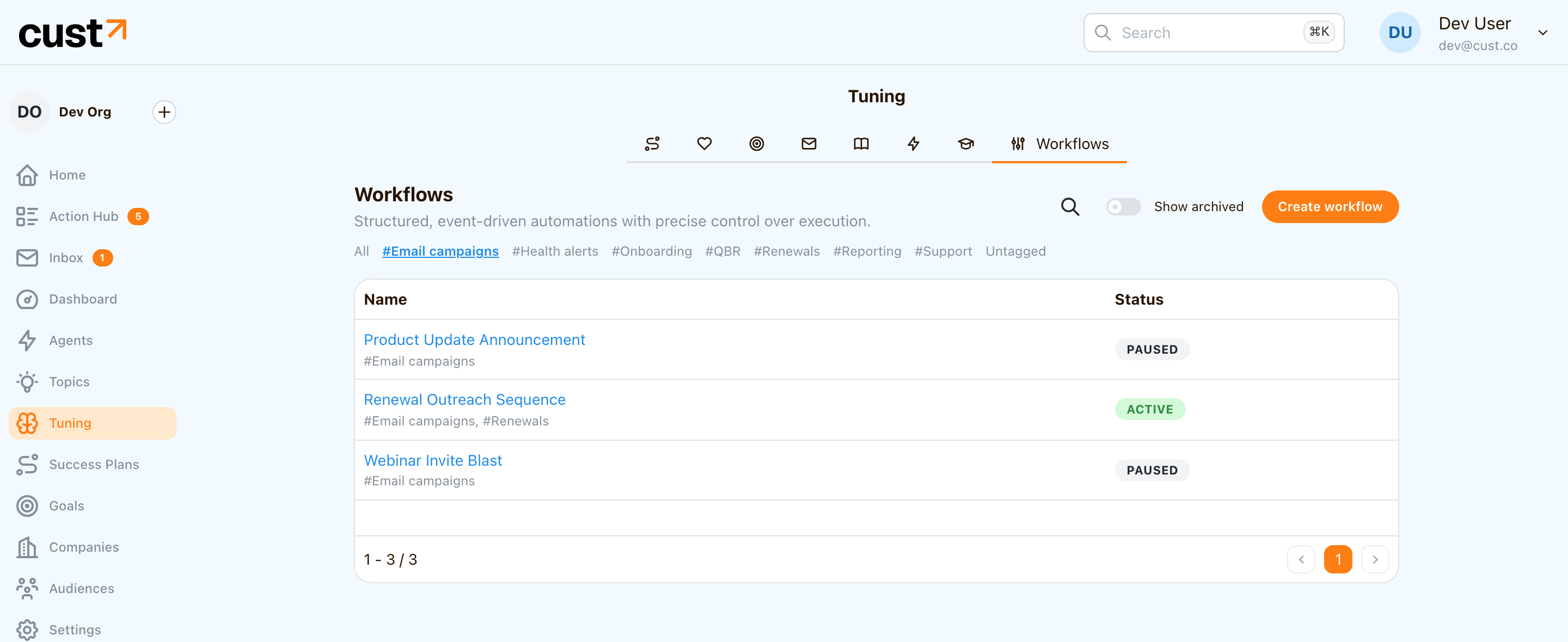 Workflows list filtered by the CS tag